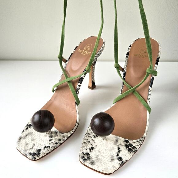 Brother Vellies NEW Snakeskin Wood Globe Lace-Up Ankle Strap Sandal Heels Size 9 - Picture 9 of 16